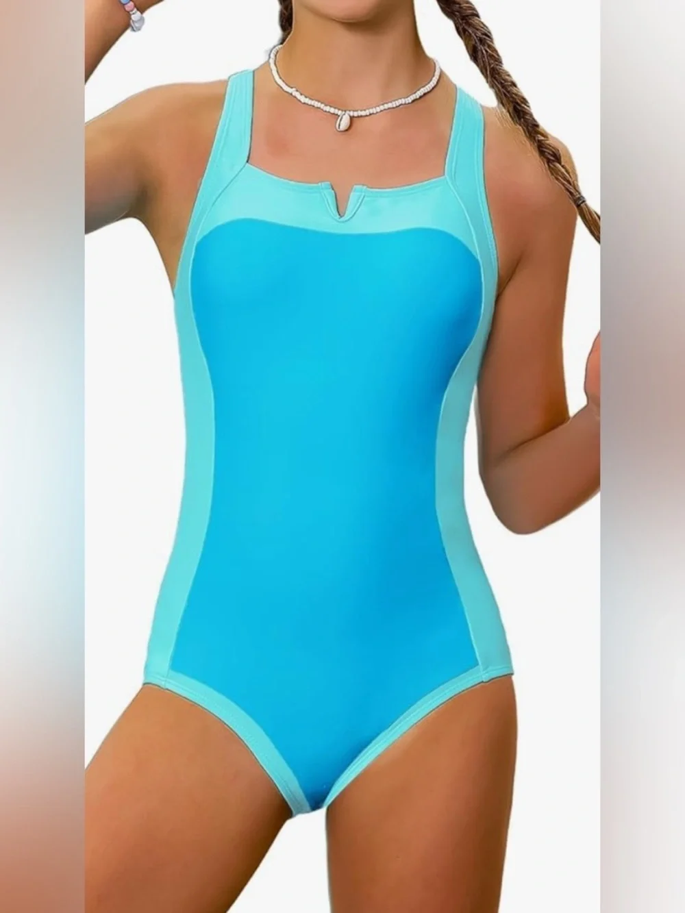 NWT-9-10 Girl Turquoise Adjustable Straps Color Block Padded Pool Beach Swimwear
